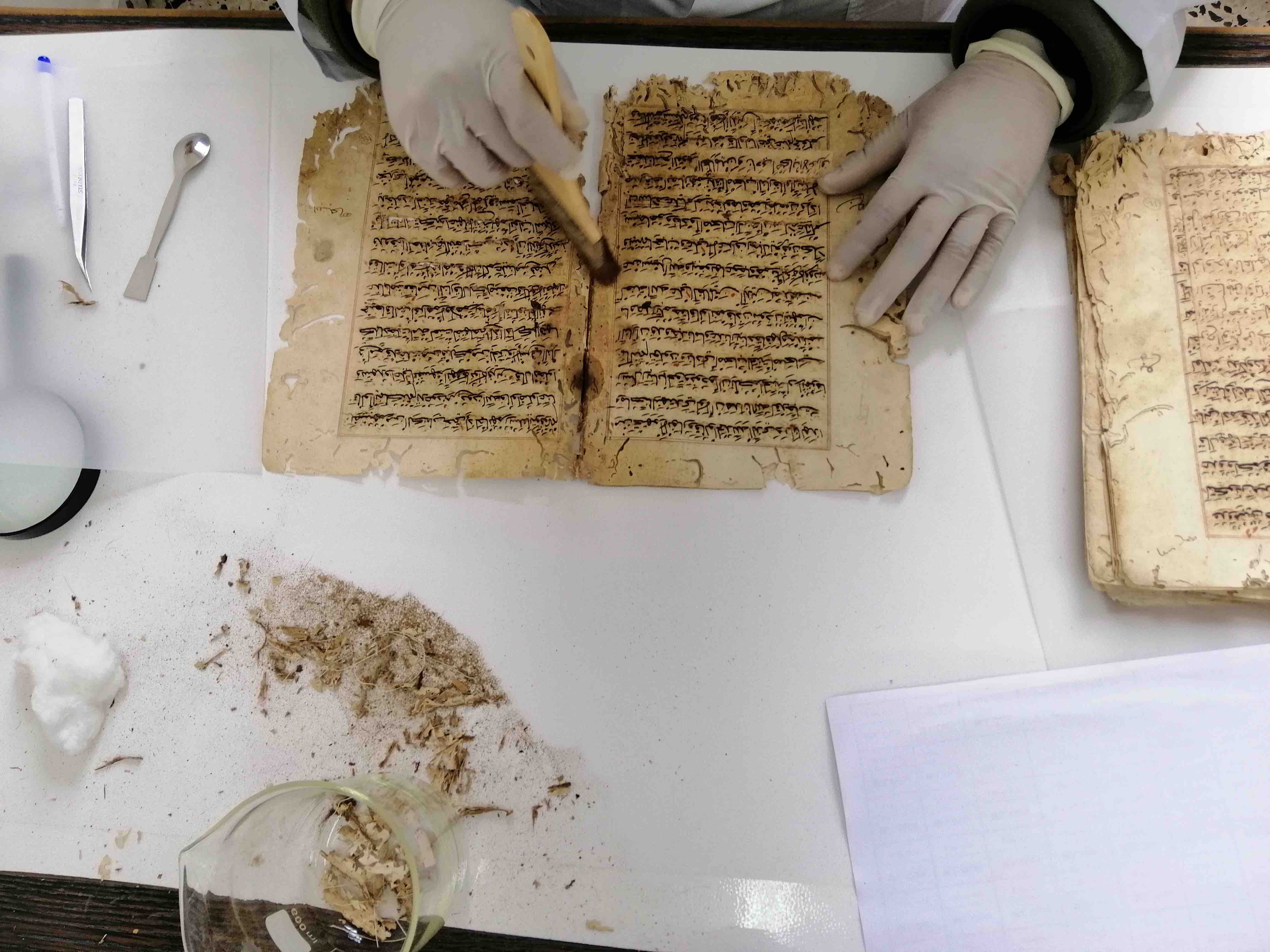 Technician cleaning a manuscript in preparation for digitization